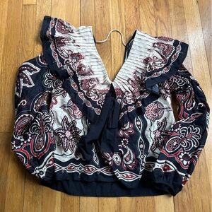 Navy red cream farm rio v neck tie blouse